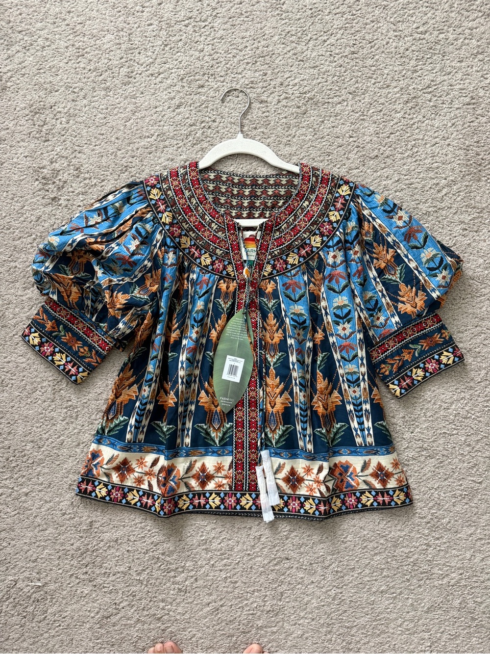 FARM Rio Blue & Gold Floral Embroidered Peasant Blouse